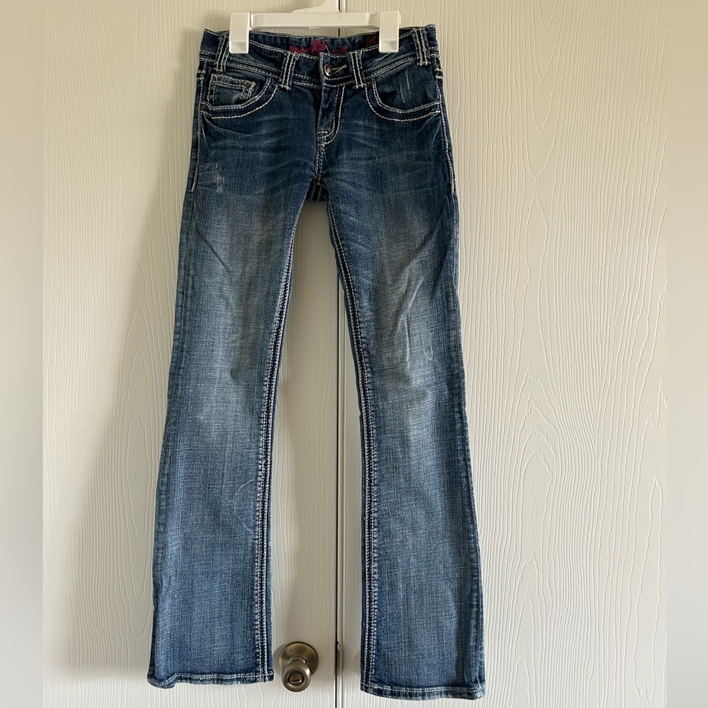 Rock & Roll Cowgirl Distressed Blue Boot Cut Jeans